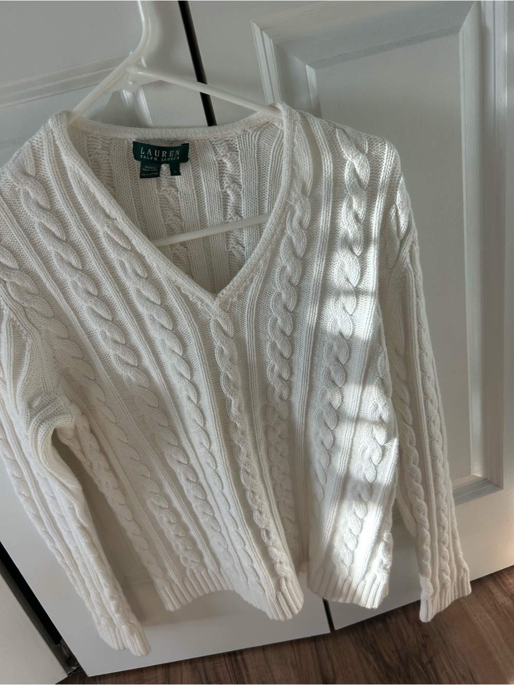 Ralph Lauren White Cable-Knit V-Neck Sweater